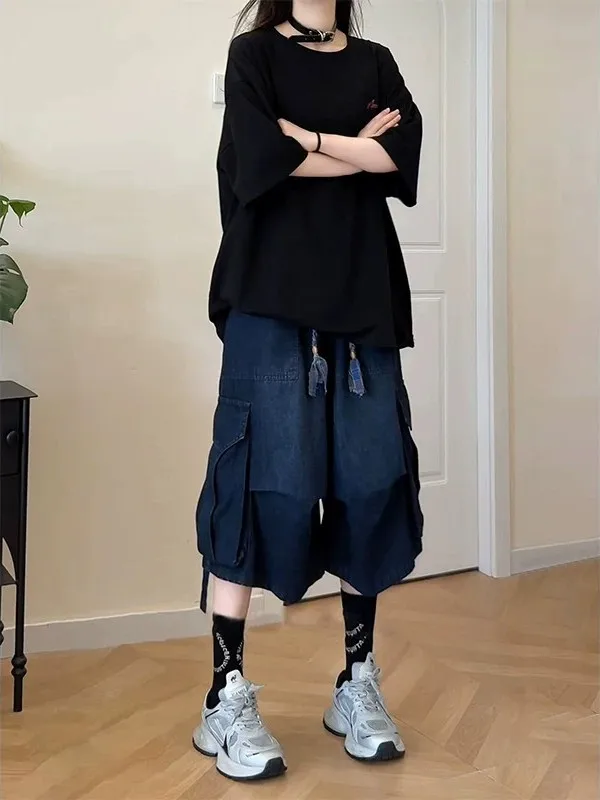 

American Style Pleated Workwear Shorts Men's Women's Summer Large Pocket Sash Design Straight Leg Jeans Seven-Foot Pants