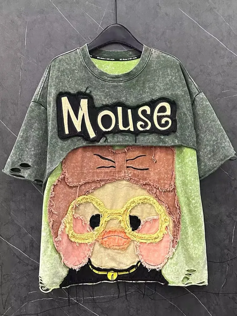 

High Quality Summer Heavy Craftsmanship Cartoon Hole Design Fake Two Short Sleeved T Shirt Women Loose and Fashion Casual Tops
