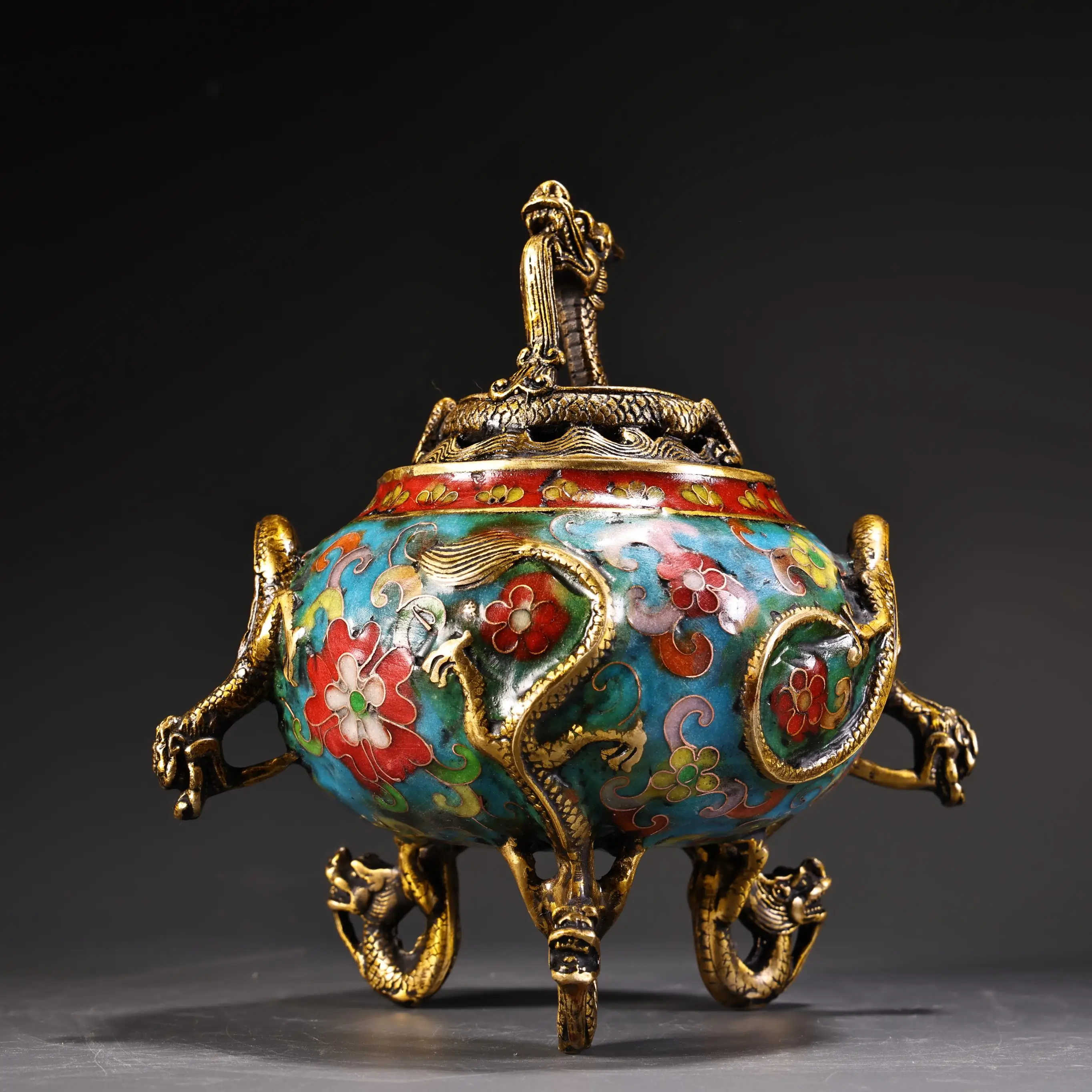 

6"Xizang Folk Collection Old Bronze Cloisonn Enamel High Relief Dragon Cover Chinese Loong Ear Three legged incense burner