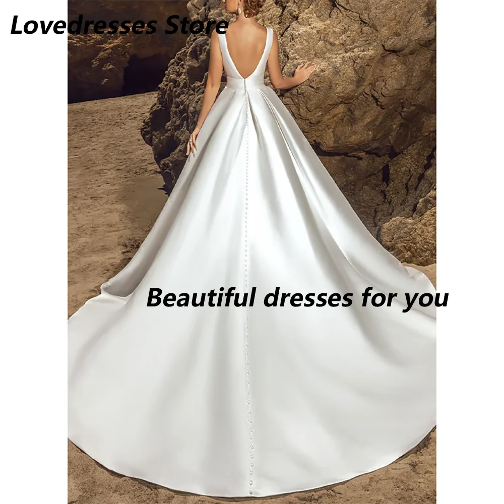 New Arrival Wedding Dress Customized V Neck A-Line Satin Simple Bridal Gown Sweep Train Backless Bride Dresses