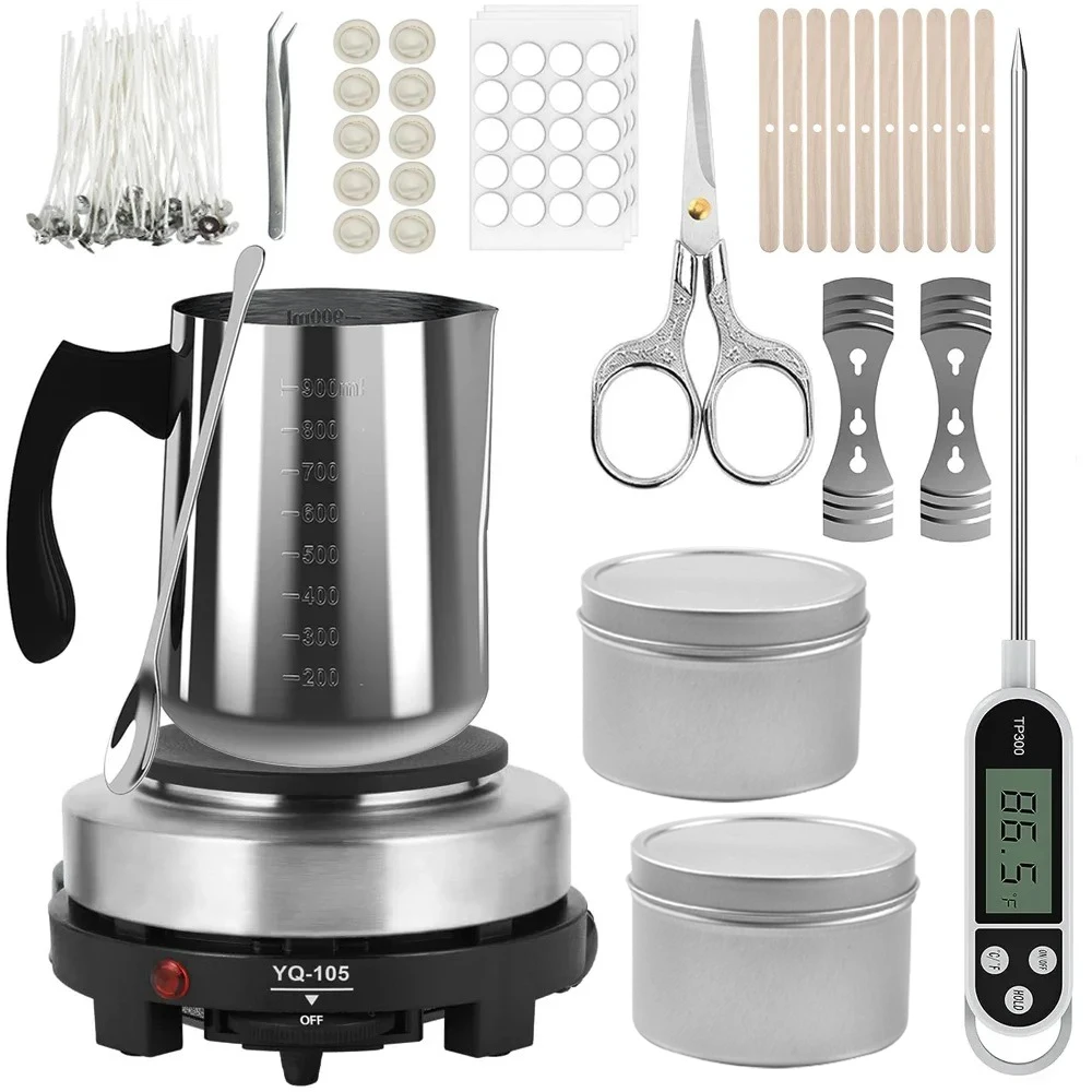 Set Completo per Creazione Candele, Kit Fai-da-Te con Pentola per Colata, Piastra Riscaldante per Sciogliere la Cera, Strumenti e Accessori per Realizzare Candele Artigianali