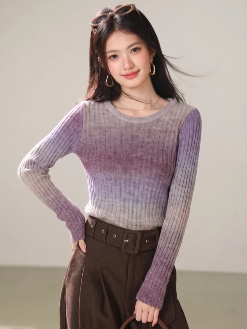 Women's Gradient Dyed Knitwear round Neck Long Sleeve Casual Fit Pullover Soft Fabric Spring Autumn Purple Tone Tie Dye