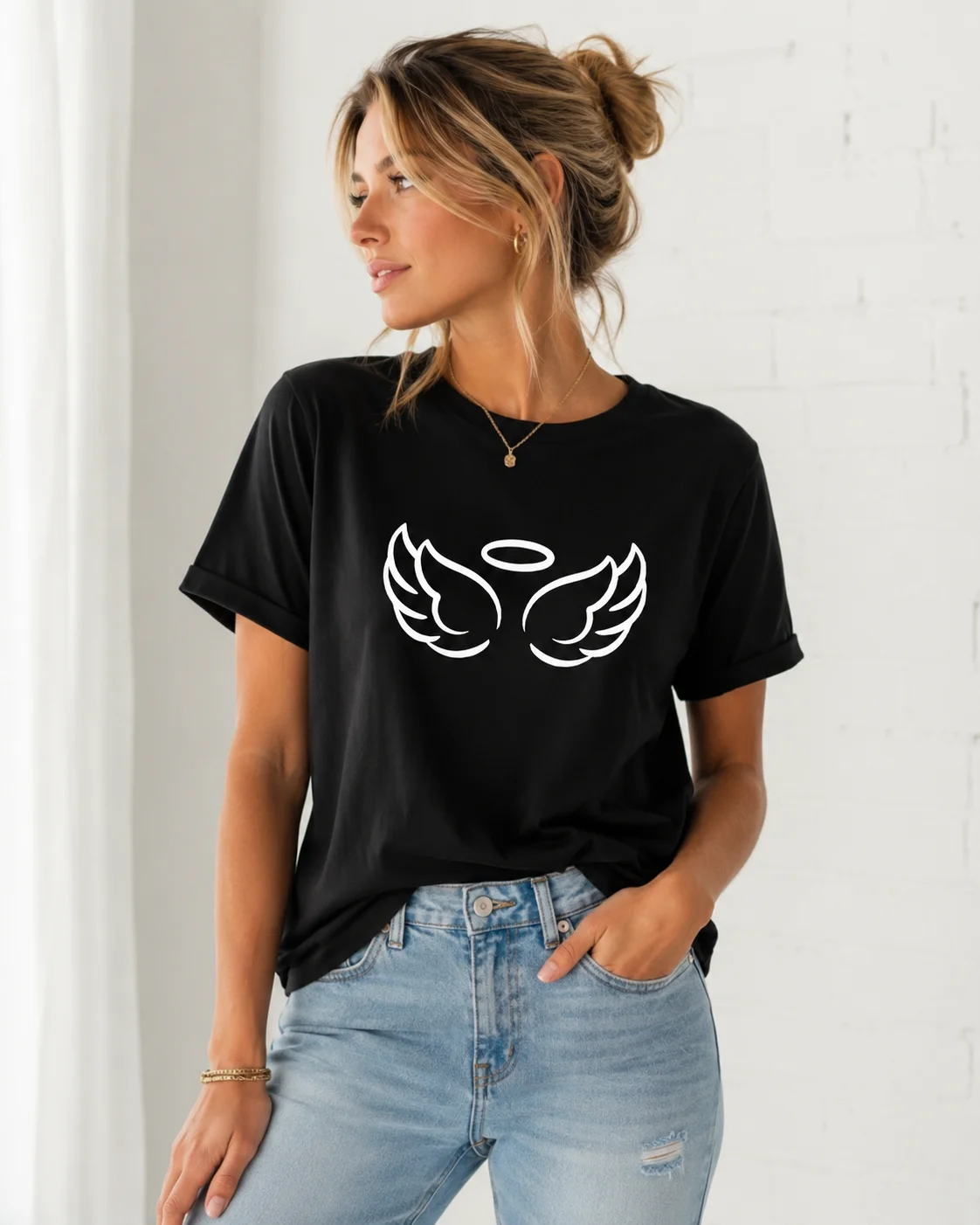 New Fashionable Women's Casual Roosevelt Summer T-shirt with Funny Angel Wings Cartoon Print Cotton Shirt Street Wear
