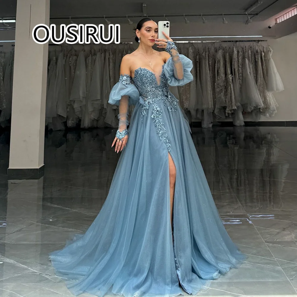 

Elegant Sweetheart Collar Tulle Evening Dress with Lace Side Split A-line Prom Cocktail Gown Trian Detachable Puff Sleeve