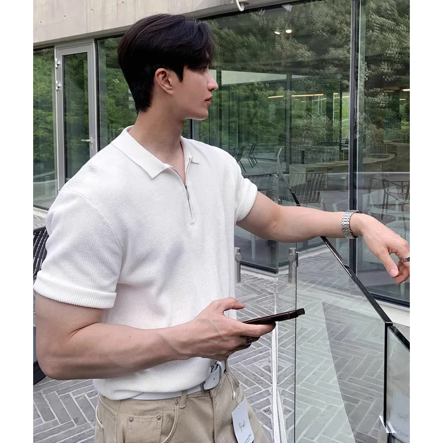 Summer Half-Zip British Lapel Ice Silk Short Sleeve Knit Polo Shirt Men's Business Casual Top