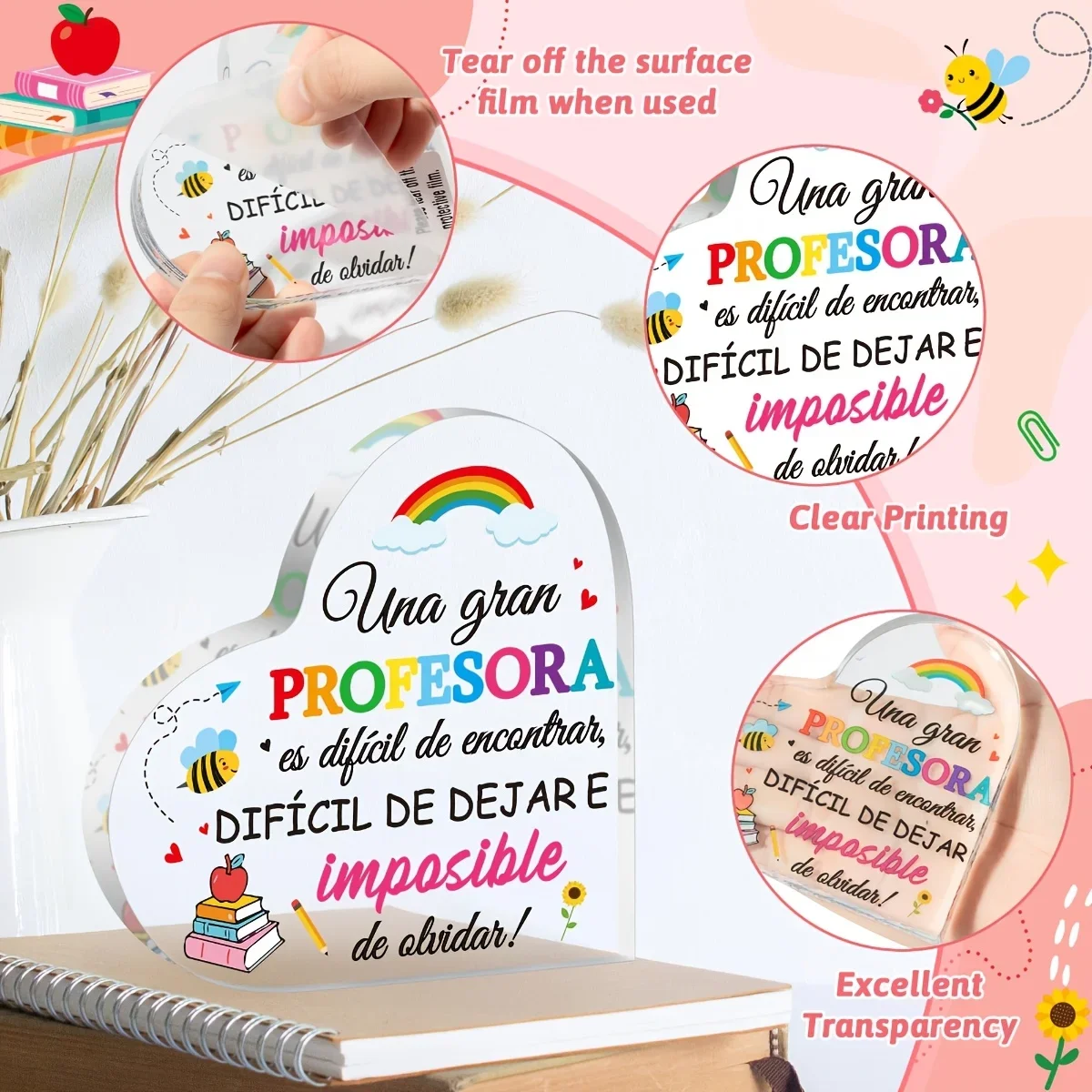 CIFBUY Acrylic Sign 2D Flat Heart Shaped Spanish Teacher Appreciation Gift Quote Plaque Sentimental Keepsake Home Decor Gift for