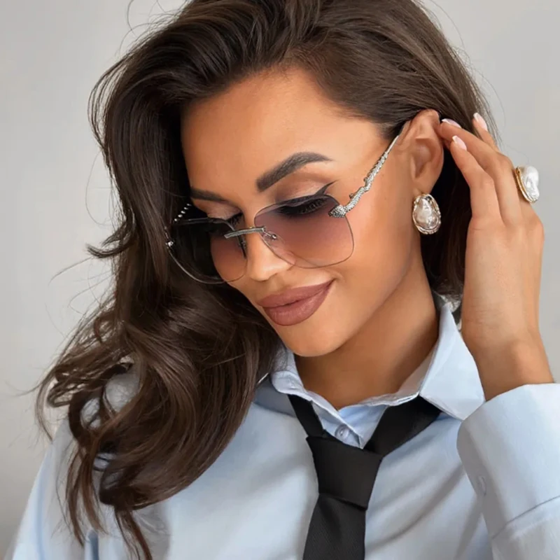 

Protective Glasses 3pcs Rimless Metal Rectangle Sunglasses Women Gradient Sun Glasses Snake Pattern Decoration Eyewear UV400