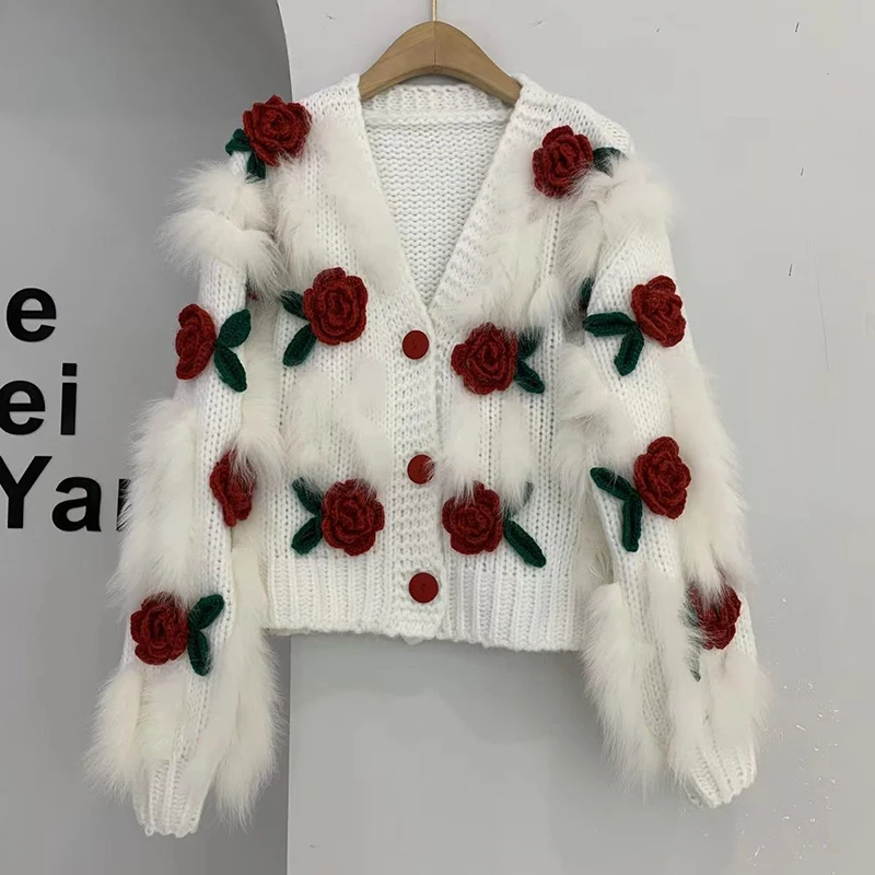 MEXZT 3D Flower Knitted Cardigan Women Y2K Cropped Sweater Outerwear Winter Harajuku Oversized Knitwear Coat Long Sleeve Jumpers