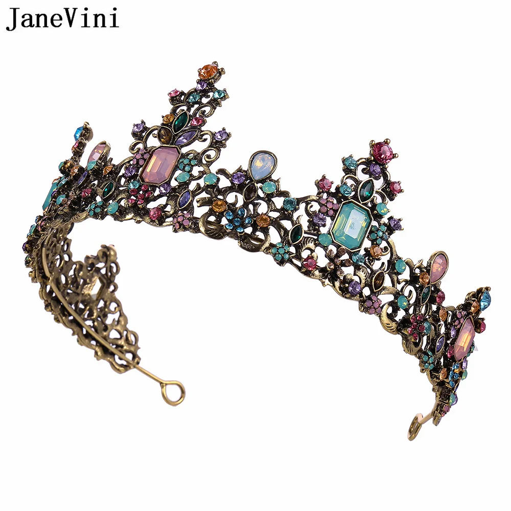 JaneVini Vintage Colorful Crystal Bridal Crown Gothic Tiaras Beaded Imperial Crown Birthday Wedding Headband Princess Hairbands