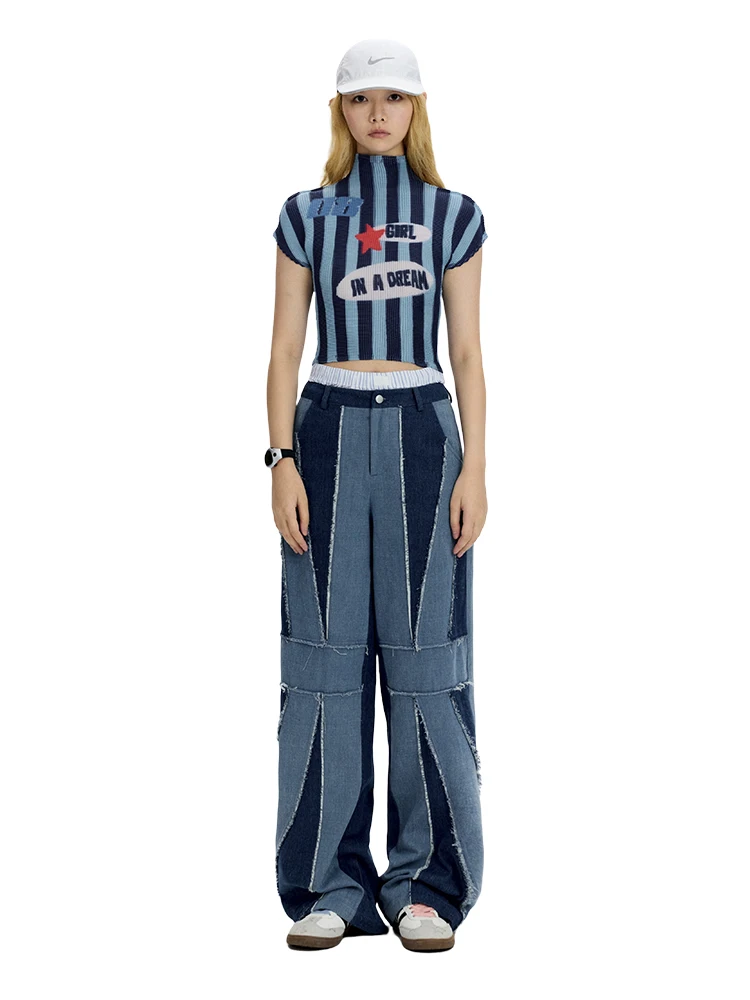 

Retro Streetwear Blue Denim Jeans Color Block Patchwork Ladies Straight Leg Natural Waist Button Closure Autumn Spring Jeans