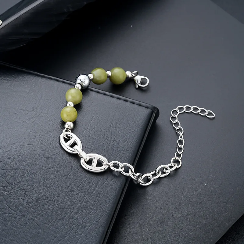 Silver link chain bracelet decorated with natural green stone beads adjustable extender daily wear wrist jewelry