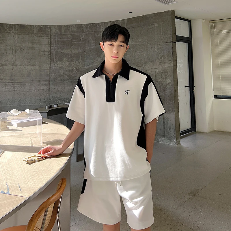 summer-shirt-short-sleeve-set-men's-unique-black-white-splicing-design-straight-leg-short-pants-two-piece-set-street-style