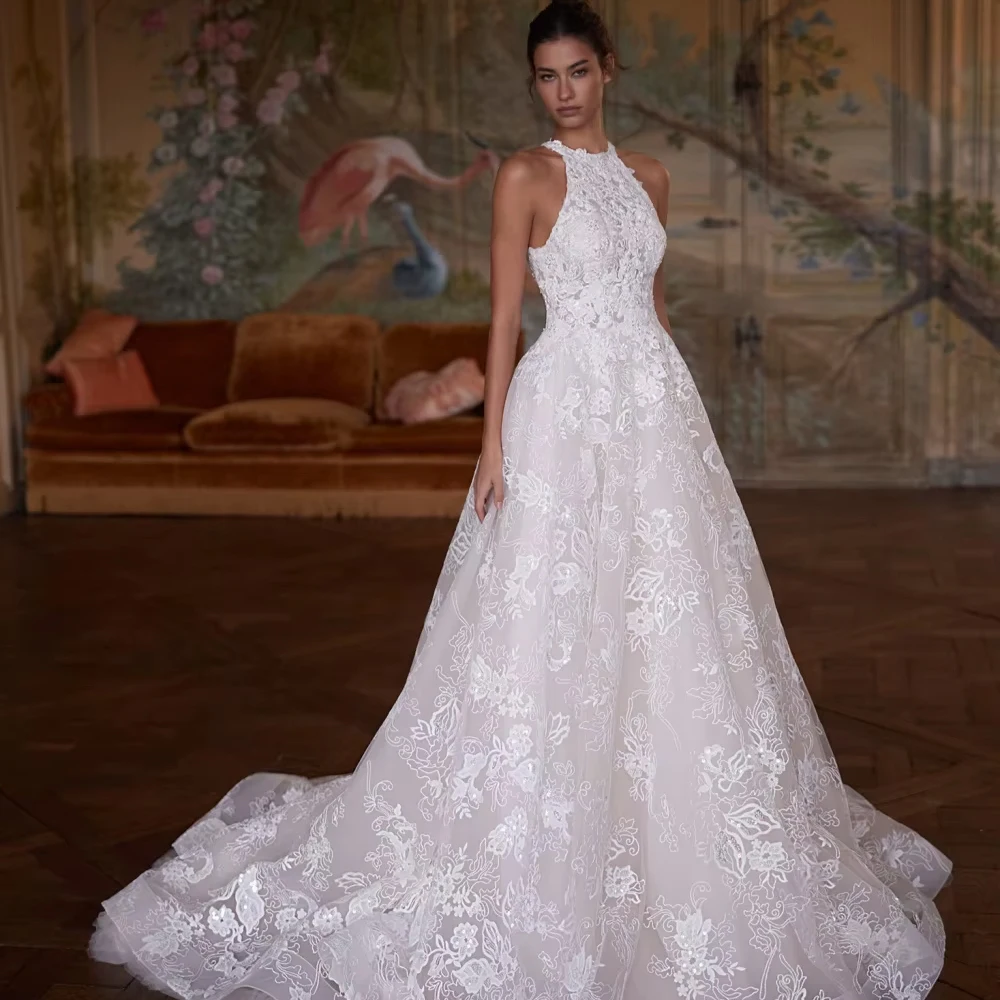 

Customized Glitter Pearls Appliques Wedding Dress Modern Halter Sleeveless Bridal Gown New A-line Floor-length Bridal Gown