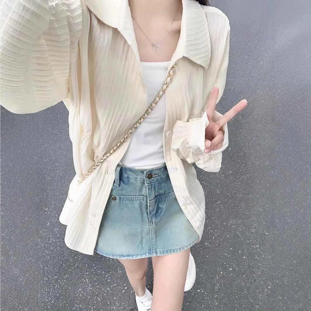 

Pleated Summer New Style Lapel Long Sleeved Shirt Casual Loose Sun Protection Single Breasted Cardigan Top