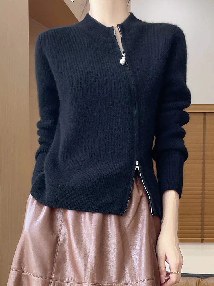 New Chic Women Cashmere Sweater Designed Bias Tape Zipper Cardigan Autumn Winter 100% Merino Wool Knitwear Soft Tops Clothing