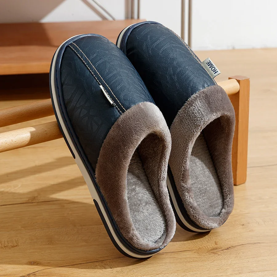 Men's Big Size Winter Indoor Slippers Waterproof PU Leather Cotton Shoes with Fur Flat Bedroom Houseshoes for Home Comfort