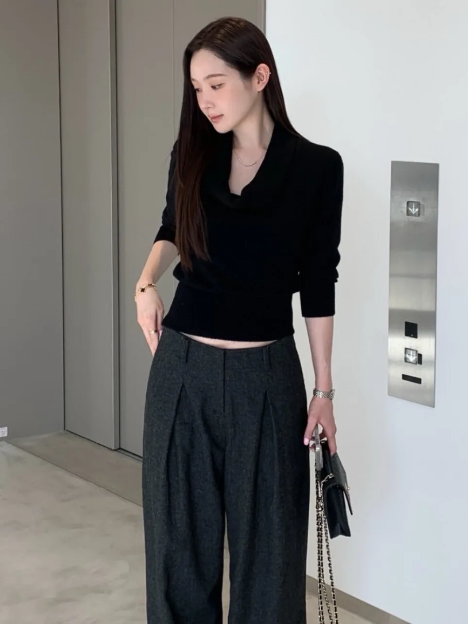 Ele suéter de punto suelto capa Base de mujer Color puro Otoño Invierno Faionable Crew Ne Casual versátil sudadera