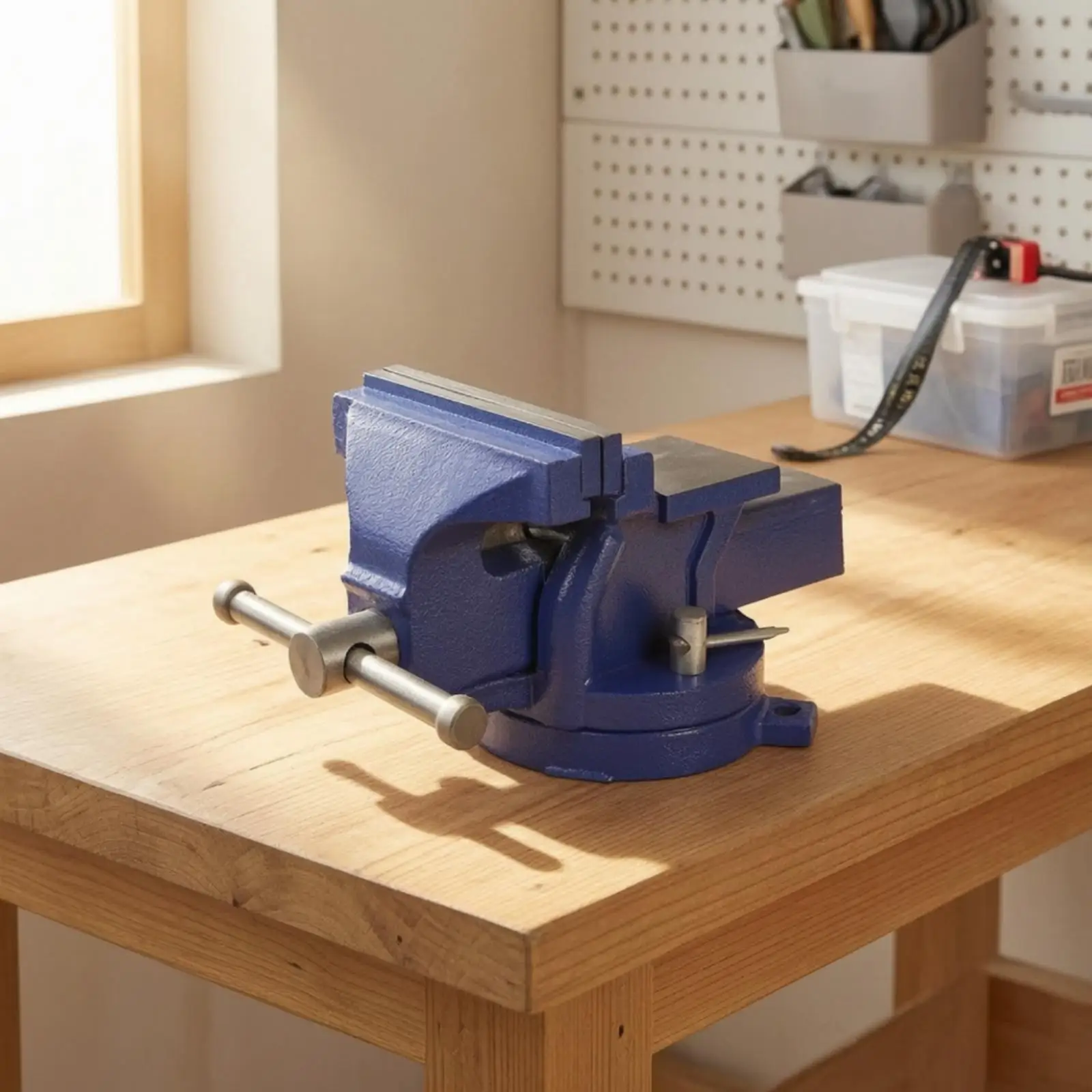 回転式ベース付きのベンチバイス。作業台やdiyに最適な工業用ベンチバイス。