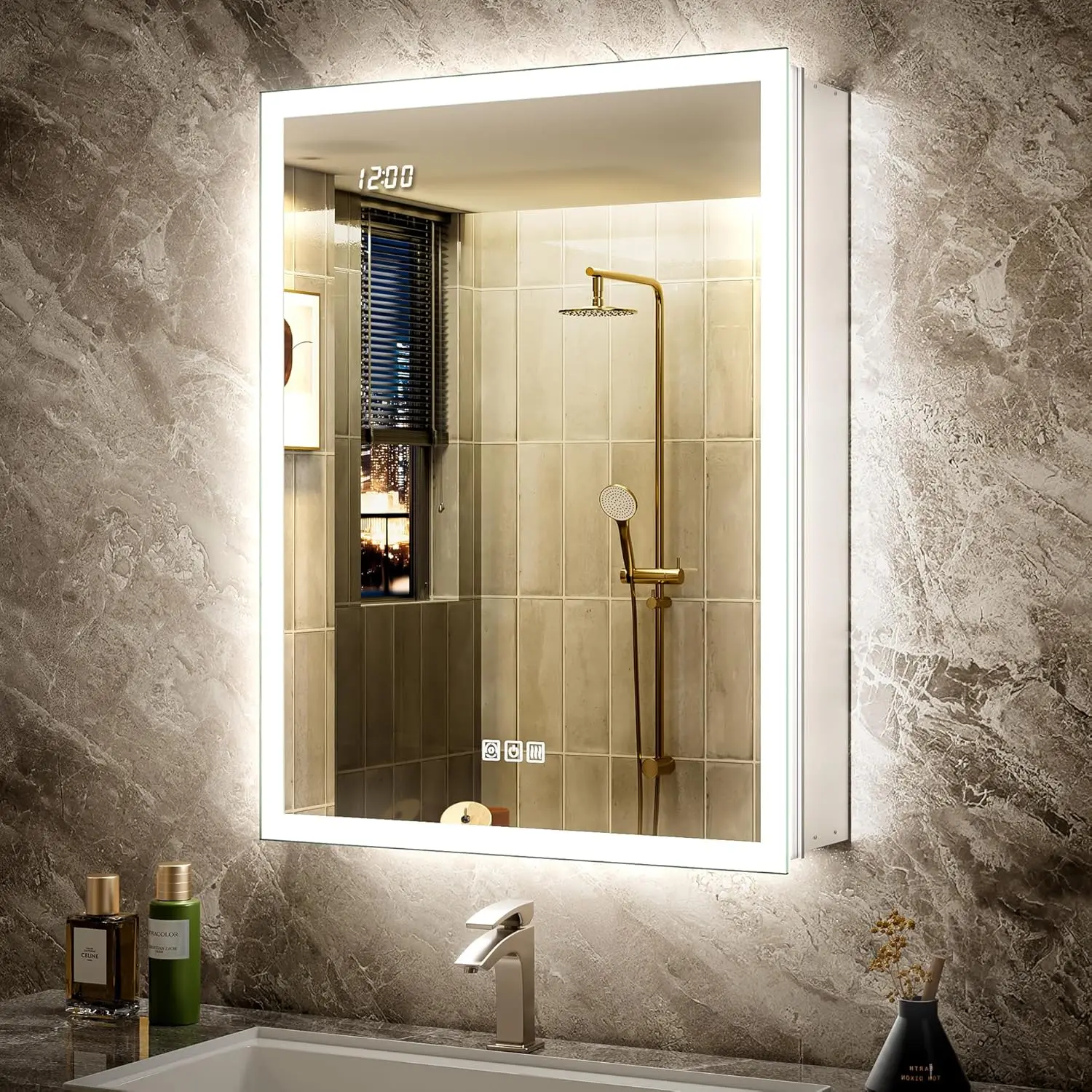 #24x32 Backlit Medicine Cabinet LED 155°Soft-Close Hinge Surface/Recessed Dimmable Mirror Clock Outlet Anti-Fog,Customized