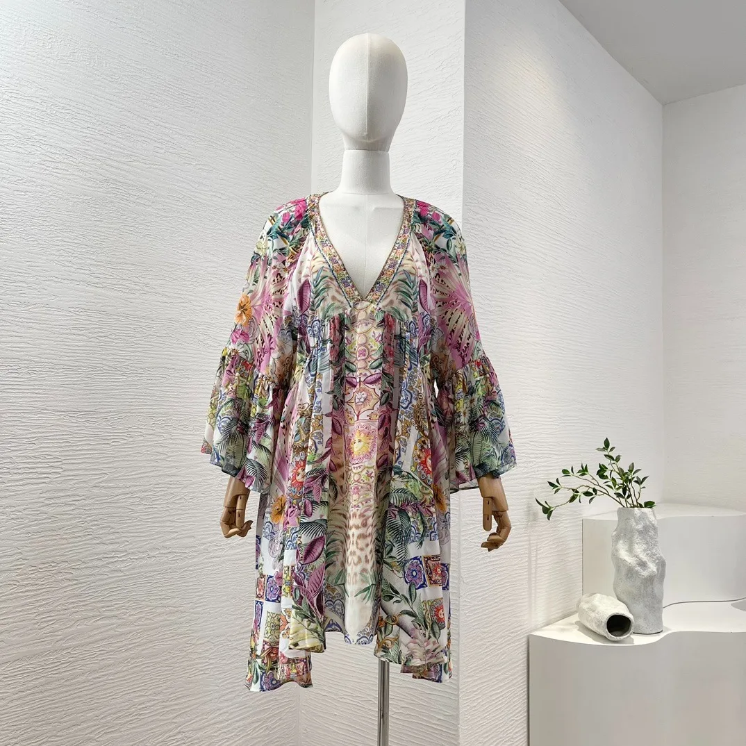 2024 High Quality Pullover Vintage Pure Silk Multi Color Flower Print Long Sleeve Deep V-Neck Diamonds Pressed Mini Loose Dress