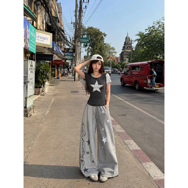 ZHIZOU Women Harajuku Gray Y2k Star Trousers Baggy Jazz Pants Japane Letter Print Pants 2000s Wide Fit Grunge Hip-pop Sweatpants