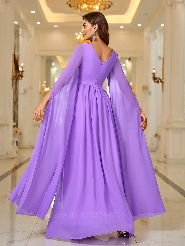 Elegant Evening Dress Maxi Long V Neck with Long Sleeves High Waist 2024 pretty Purple Bridesmaid Dress Vestidos Largos