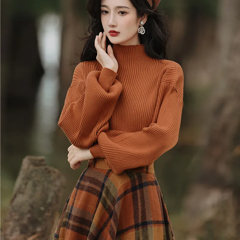 Women\'s Spring Autumn Vintage Plaid Long Skirts Sweater Two-Piece Set French Lady Graceful Knit Pullover High Waist Skirt Outfit