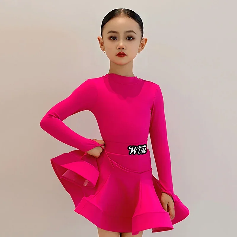 

Children Girls Latin Dance High Collar Long Sleeve Bodysuit and Fishbone Large Skirt Set Art Exam Performance Class Dancewear