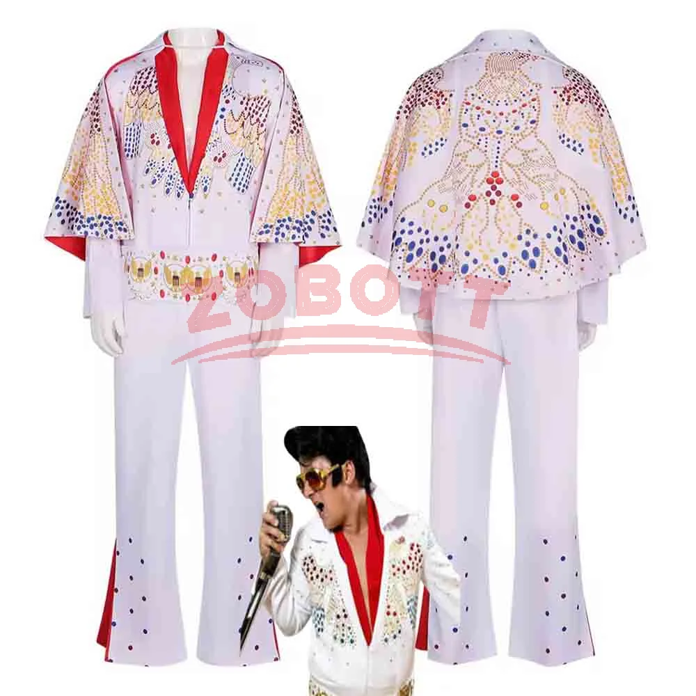 Retro Rocker Presley Cosplay-Outfit, Herren Anime-Style Performance-Uniform für Halloween-Karneval-Verkleidungen