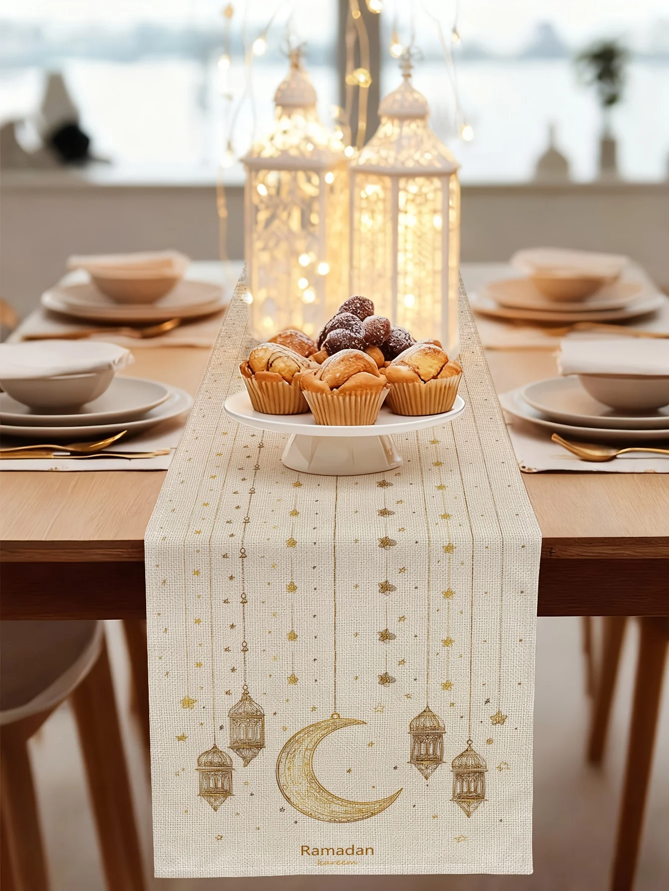 Ramadan-Mondlaterne Tischläufer 2D Einzeldruck Langlebige Tischdekoration Ramadan-Fest Familienessen Heimküche Verwendung Tischläufer