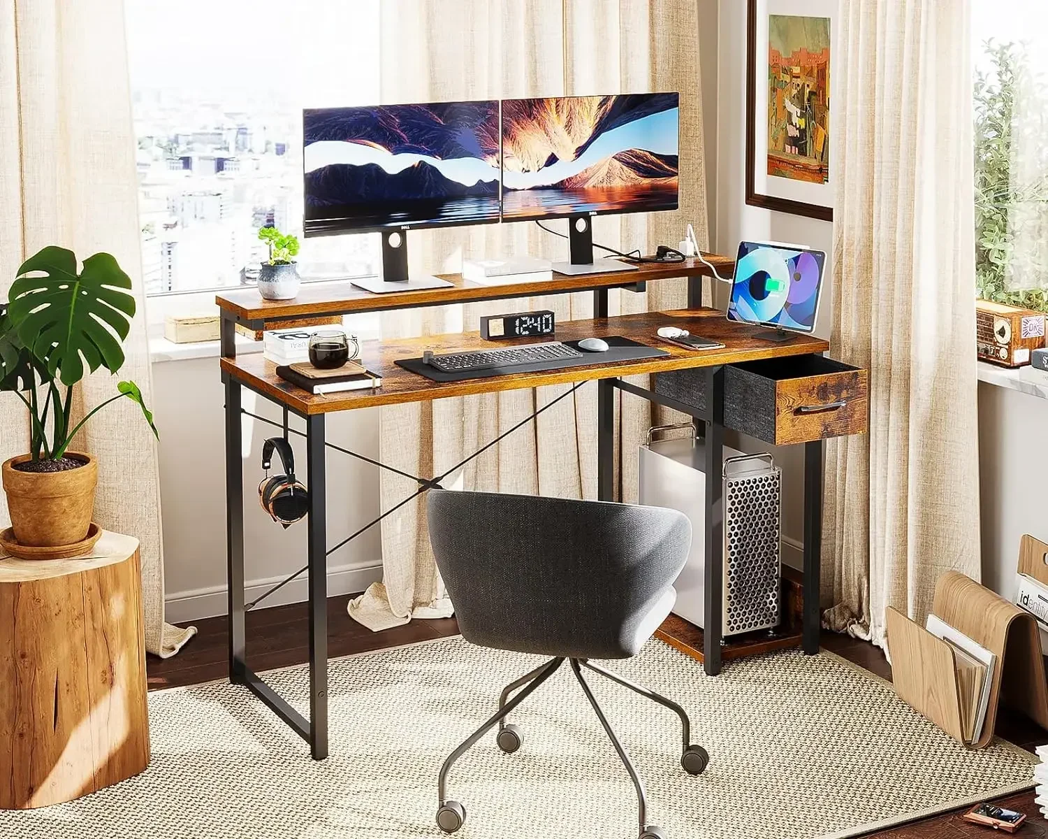 Gaming Computer Desk W/ Power Outlet & LED Light Strip, 48 Inch Home Office Desk W/ Adjustable Monitor Stand, Brown USA NEW