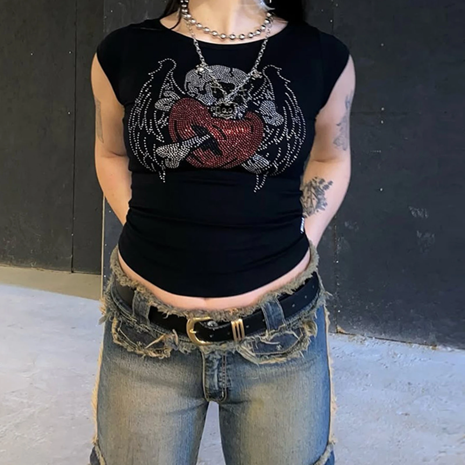 تي شيرت ريترو Y2K تي شيرت مطبوع عليه حجر الراين لقضاء عطلة الشاطئ وحفلات الصيف والارتداء اليومي والنشاط الخارجي ملابس الشارع