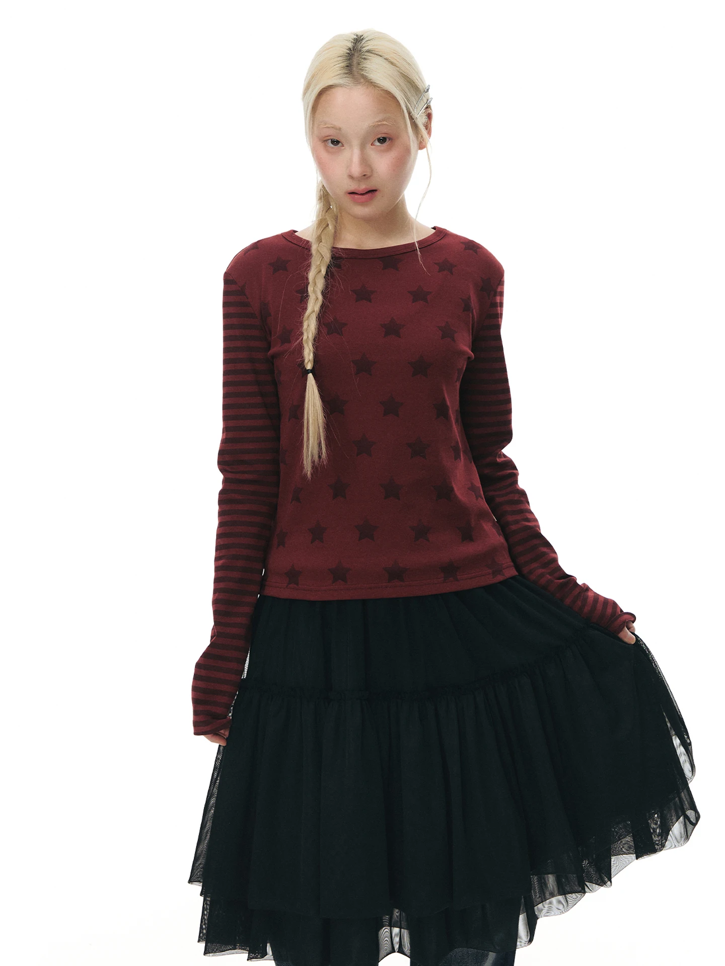NAPSNAPS Original Long Sleeve Slim Fit round Neck T-Shirt for Women Spring New Style Girl's Stripe Print Patchwork Top