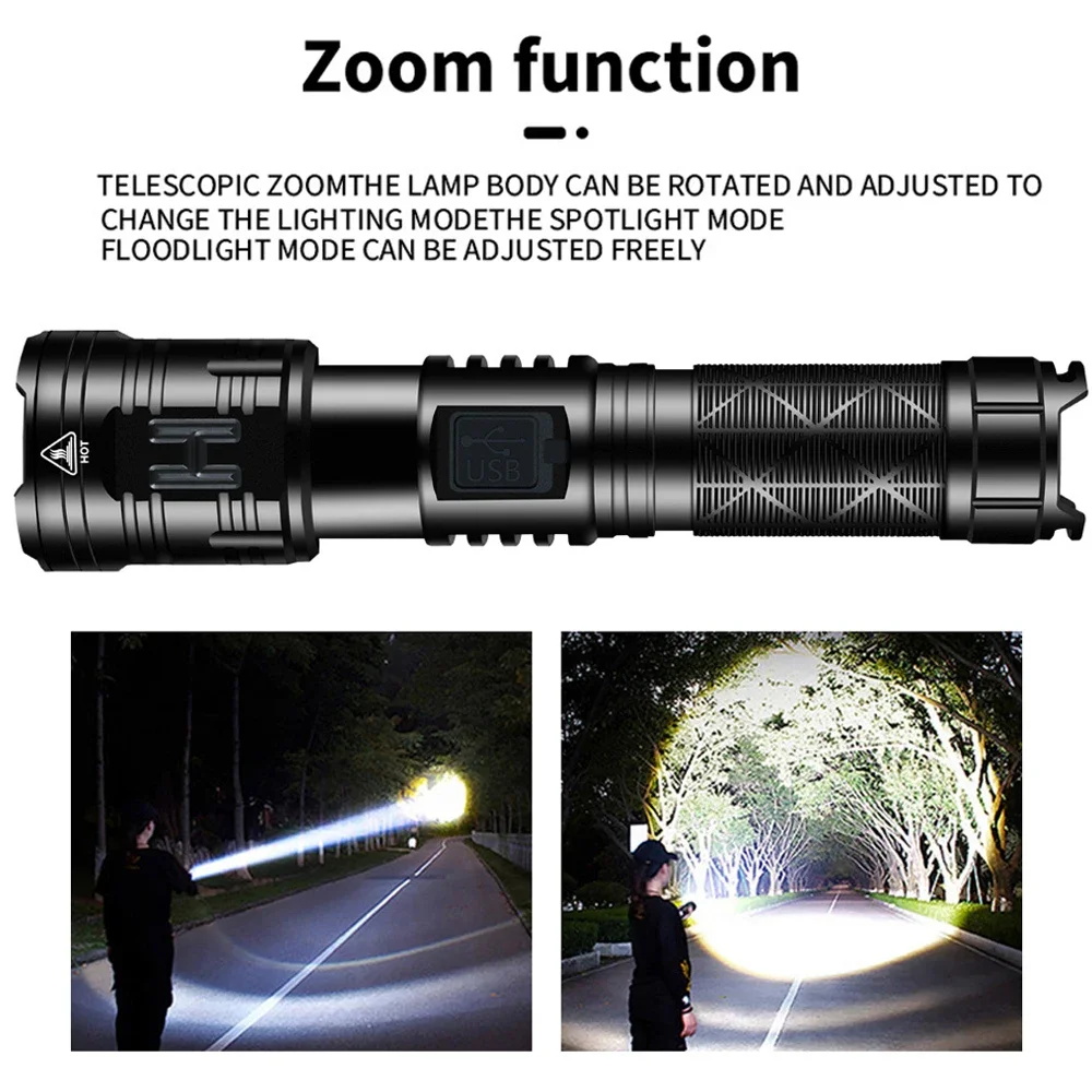 High Lumen P99 LED Flashlight USB C Rechargeable Torch Zoomable 3Mode Outdoor Portable Camping Light Emergency Power Bank Lamp