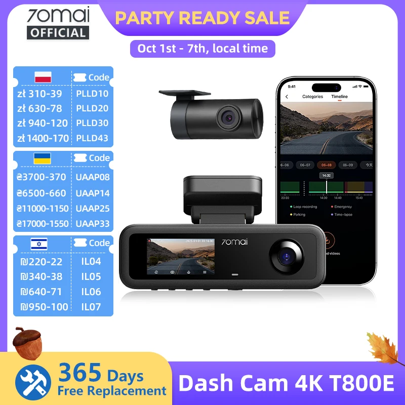 70mai 3-Channel Dash Cam T800E 4K HDR F1.55 Aperture Supercapacitor Voice Control GPS Car DVR 70mai T800E WiFi 6 5GHz