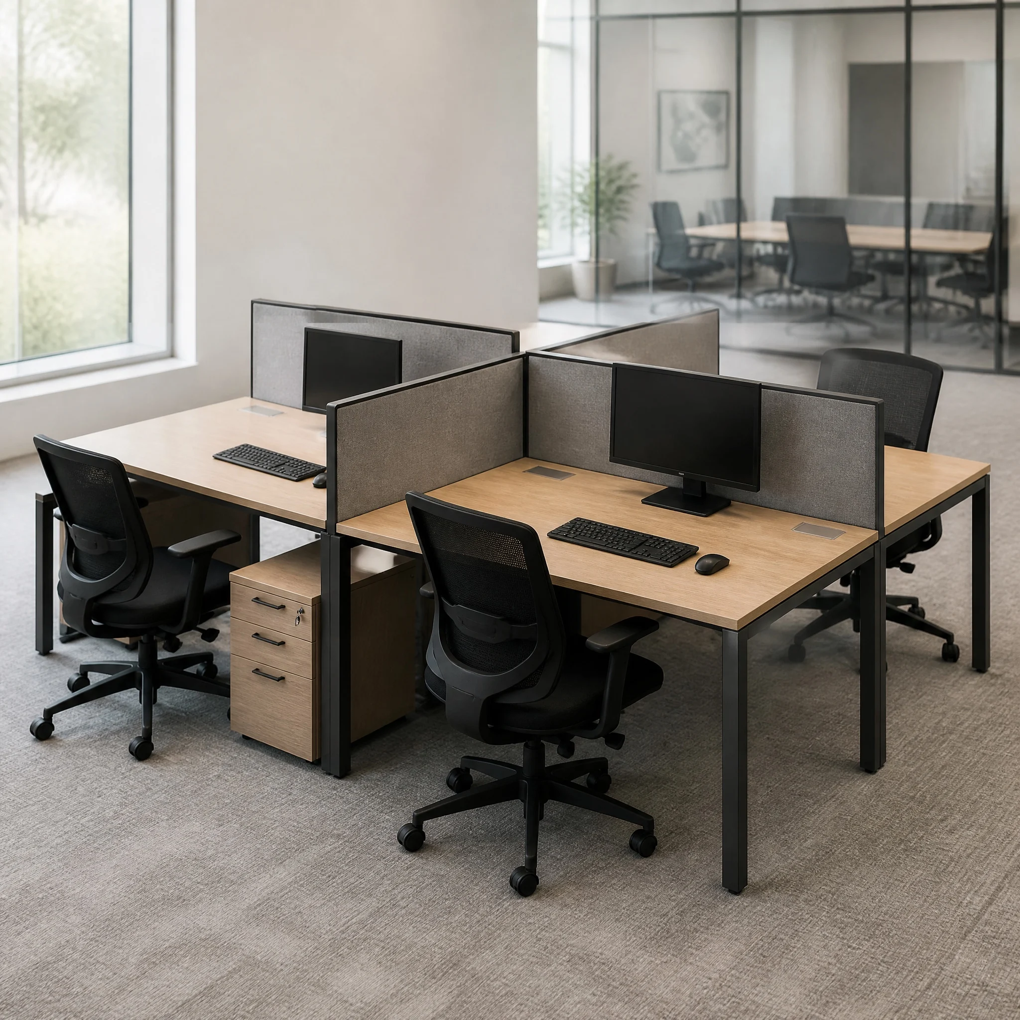 Modular Office Workstations Working Station System Shared Office Desk 4 Person With Partition Panels And Cable Tray