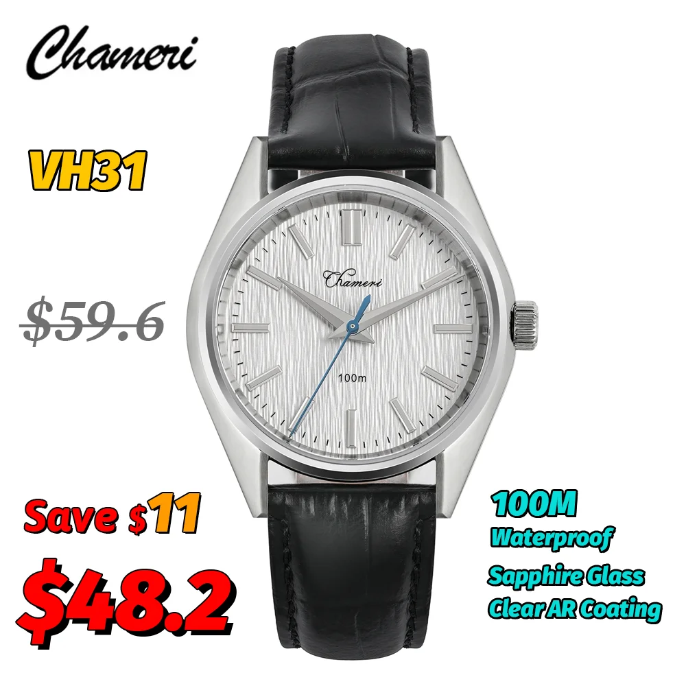 

Chameri 37Mm Vintage Watches Gs04 Quartz Watch VH31 Movement Sapphire Crystal Leather 100M Waterproof Business Man Watch Gifts