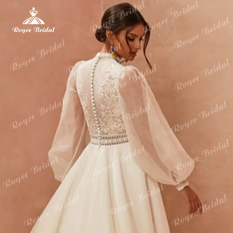 Boho A-Line Wedding Dresses For Women Bride Gowns Sexy High Neck Puff Sleeve Back Button Lace Sweep robe de mariée vestidos