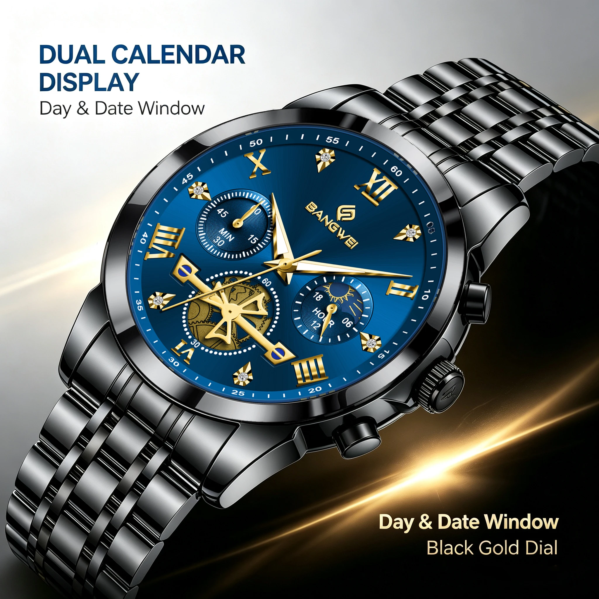 BANGWEI Men's Watches Classic Multifunctional Fltwheel Chronograph Original Quartz Wristwatch Moon Phase 30M Waterproof Box