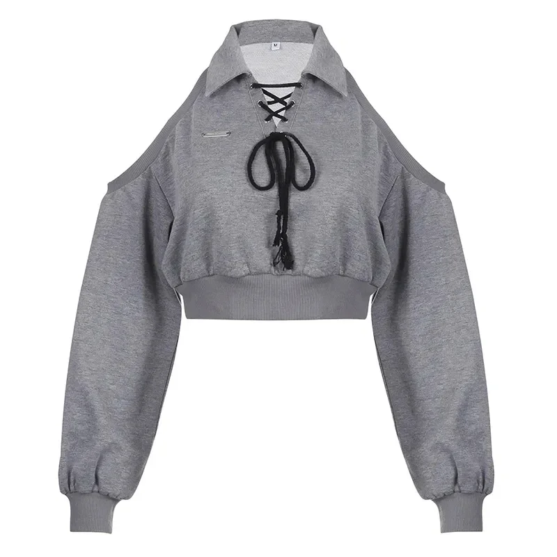 Sexy Cropped Sweatshirt Women Y2k Off Shoulder Slim Fit Short Tops Spring Summer Korean Long Sleeve Harajuku Grey Pullovers 2024