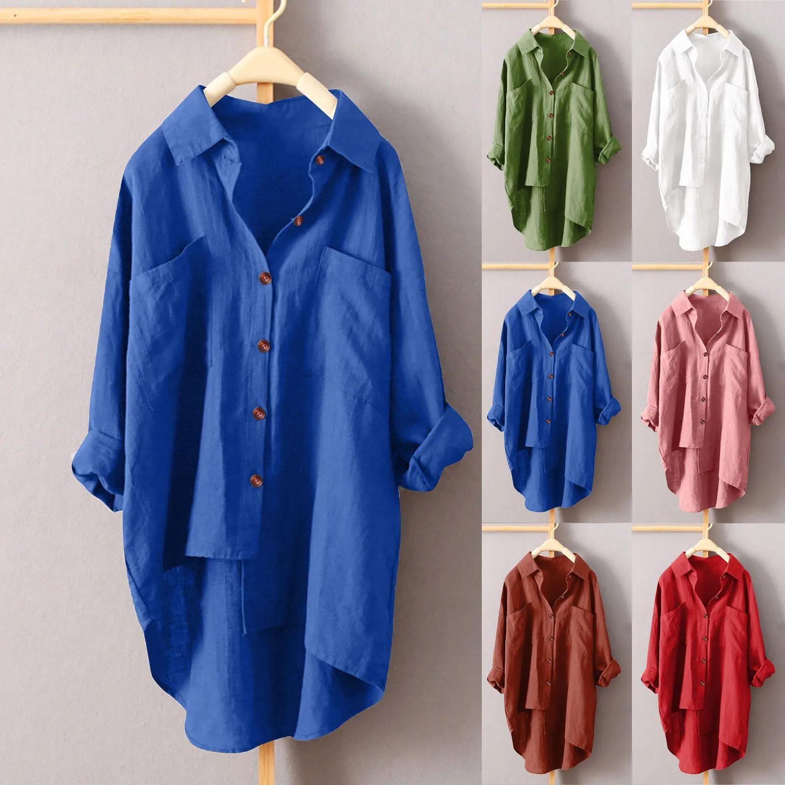 Women'S Solid Color Fashion Casual Shirts Lapel Button Pocket Long Sleeve Casual Blouse Loose Comfortable Simple Shirts