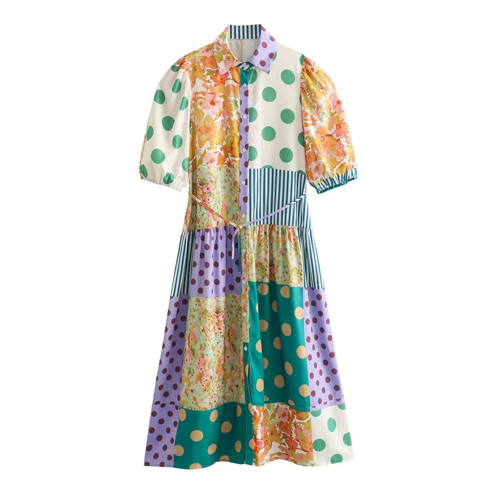 

Taop&Za 2024 Summer New Product Women's Fashion Casual Polo Neck Short Sleeve Button Decoration Printed Lace up Dress