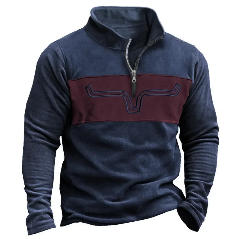 Men's Fleece Lined Sweatshirt Retro V Neck Vintage Ethnic Pattern Winter Fall Long Sleeve Tops High-neck Zip-up Polo Shirt