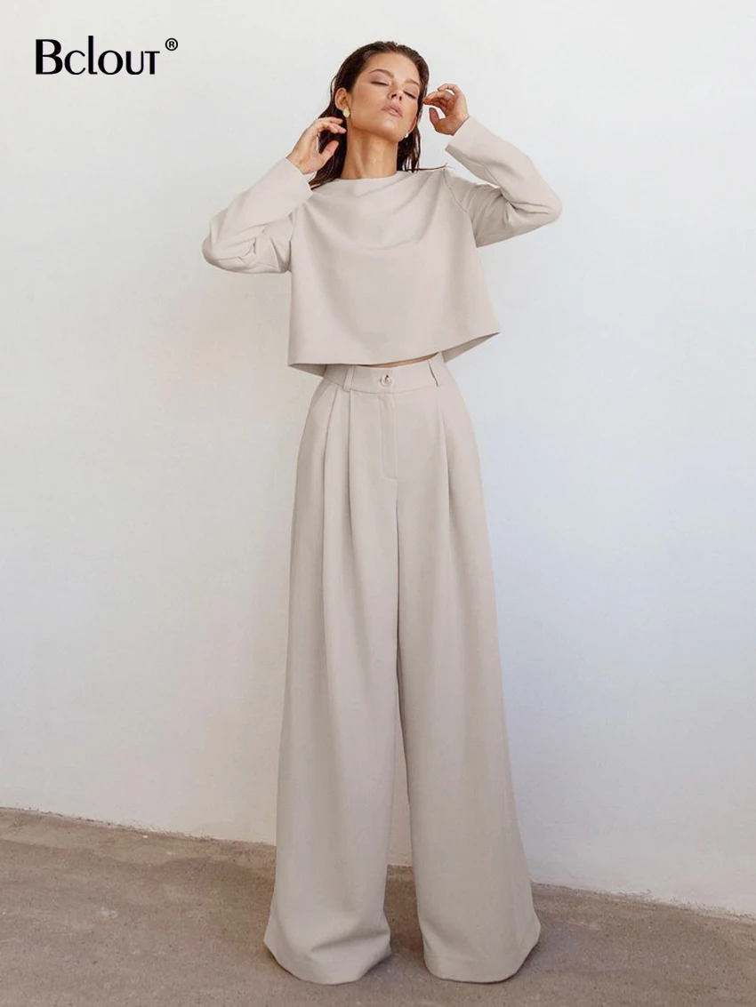 Bclout Elegant Khaki Pants Women Two Piece Outfits 2022 Autumn O-Neck Long Sleeve Tops Office Loose Pleated Wide Leg Pants Suits