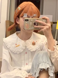 Kawaii White Lolita Blouses Women Sweet Cute Cartoon Bear Embroidery Shirts Harajuku Puff Long Sleeve Tops Korean Style Clothes