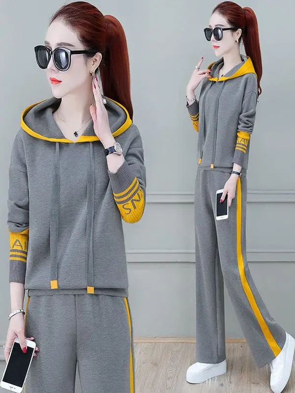 

Fashionable Large Size Hoodie Set Women's Casual Loose Slimming Contrast Color Spring Autumn Two-Piece Set Sporty Style