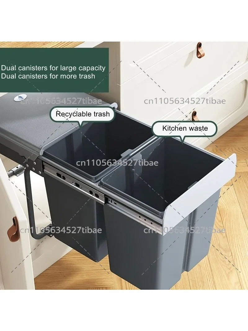 Kitchen Recessed Trash Can Cabinet Inside Dual Bucket with Lid Pull Out Basket Hidden Cleaning Bucket