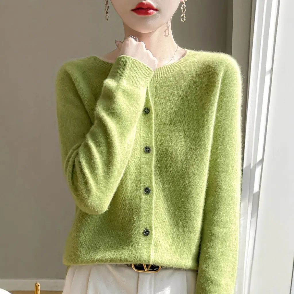 Indumento da donna di prima linea Cardigan lavorato a maglia Maglione di lana Dimagrante girocollo Top a maniche lunghe per l'autunno e l'inverno