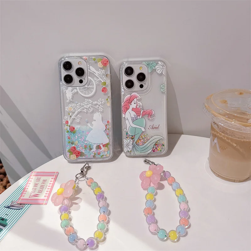 Custodia INS Disney rrincon Alice Mermaid Ariel Quicksand per Apple iPhone 15 14 13 12 11 Pro Max Cute Cartoon Back Protect Cover