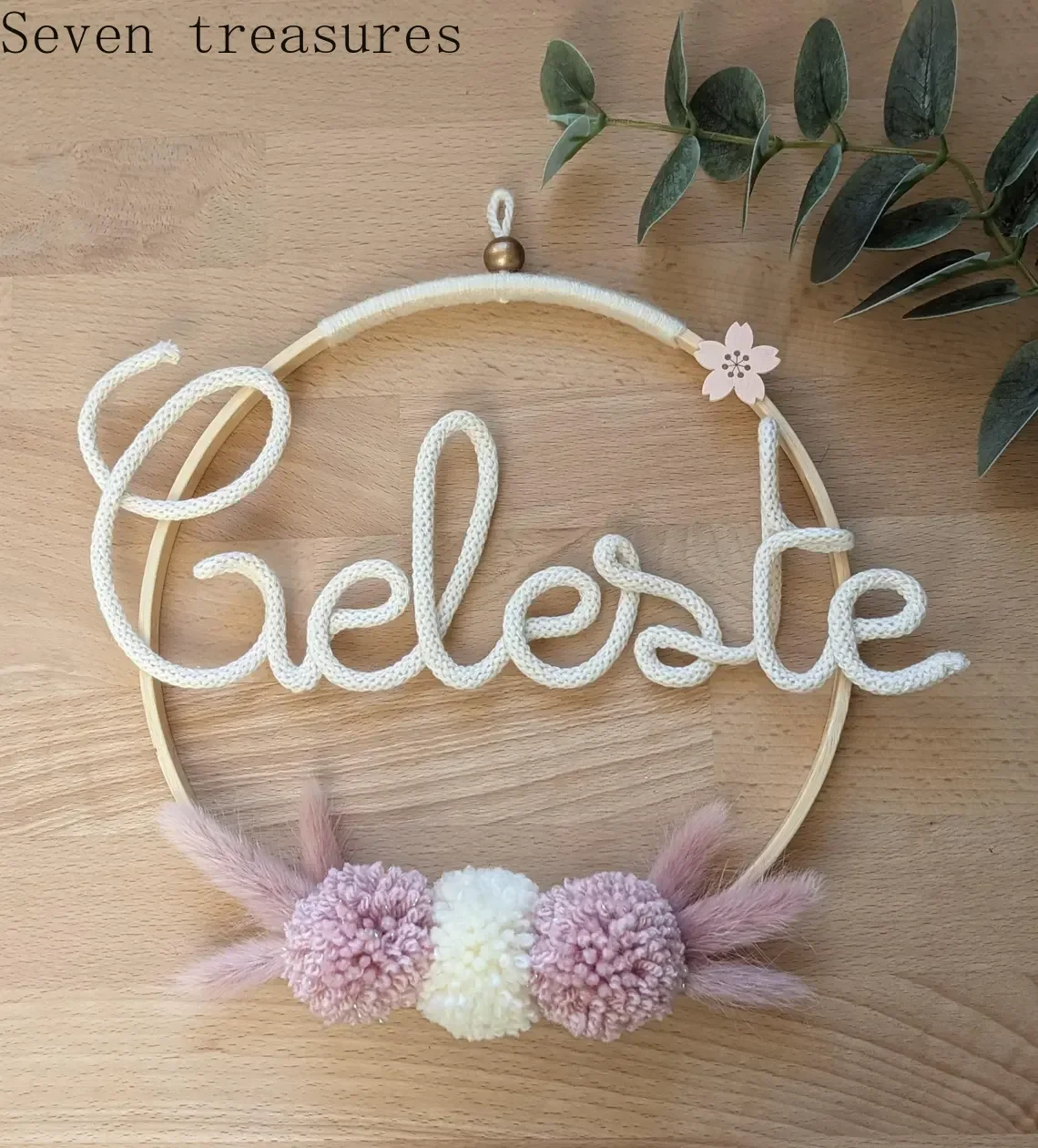 Customized cartoon fur ball personalized flower wreath and name, girl's room wall birthday party children's room decoration 30CM